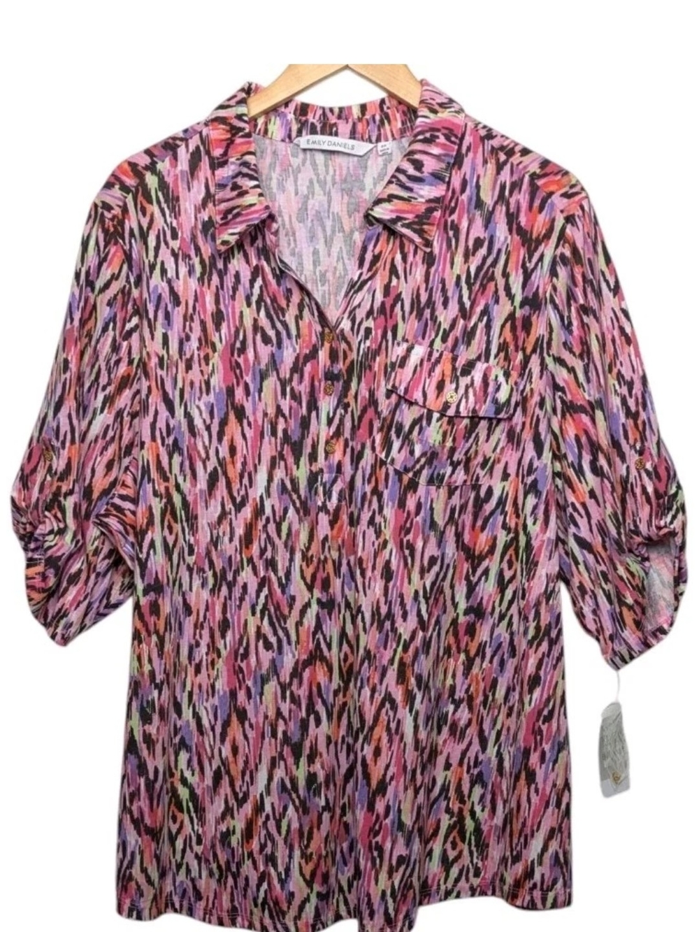 Emily Daniels Pink Multicolor Abstract Polo Top Blouse